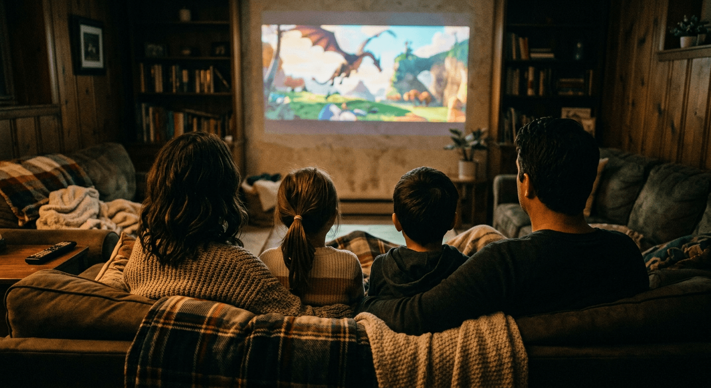 A family watching a movie together at home